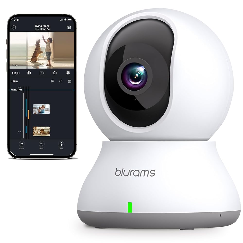 blurams Security Camera, 2K Indoor Camera 360° Pet Camera for Home Security w/Motion Tracking, Phone App, 2-Way Audio, IR Night Vision, Siren, Works with Alexa & Google Assistant