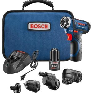 BOSCH 12V Max Cordless Power Drill Driver Kit with 5-In-1 Flexiclick System Multi-Head Drill Set with (2) 2 Ah Batteries (GSR12V-140FCB22)