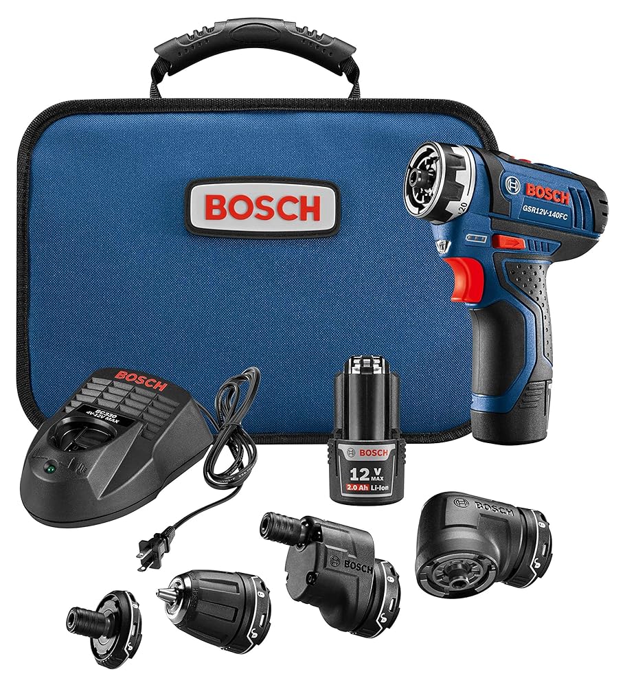 BOSCH 12V Max Cordless Power Drill Driver Kit with 5-In-1 Flexiclick System Multi-Head Drill Set with (2) 2 Ah Batteries (GSR12V-140FCB22)