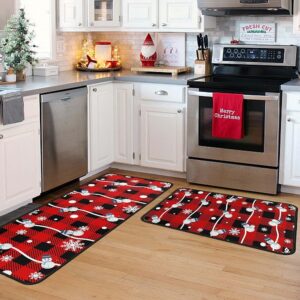 Buffalo Plaid Christmas Kitchen Rugs and Mats Set of 2, Christmas Snowman Winter New Year Holiday Party Low-Profile Floor Mat Merry Christmas Decorations for Kitchen Home-...