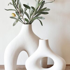 Carrot's Den Donut Vase, Set of 2 - Minimalist Nordic, White Ceramic Hollow Donut Vase Decor | Table Centerpiece, Olive Plant, Wedding, Living Room, Bookshelf, Office, Modern...