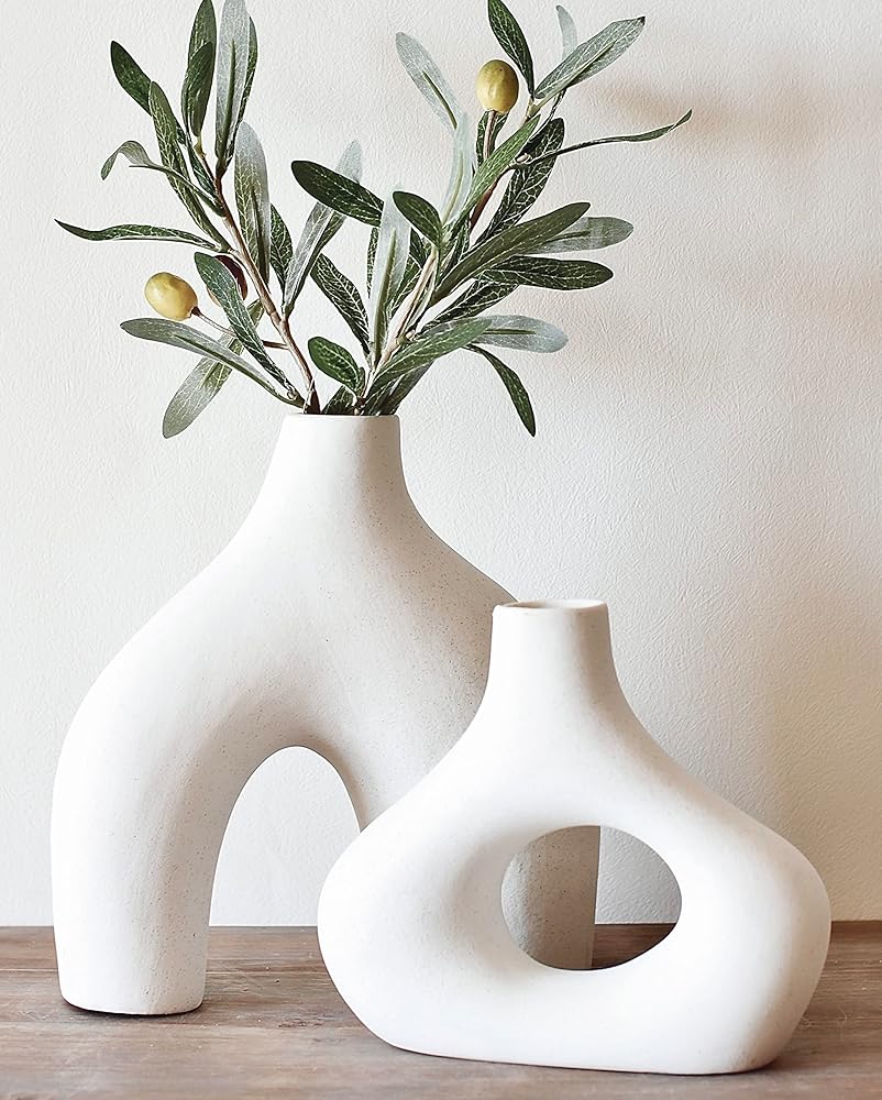 Carrot's Den Donut Vase, Set of 2 - Minimalist Nordic, White Ceramic Hollow Donut Vase Decor | Table Centerpiece, Olive Plant, Wedding, Living Room, Bookshelf, Office, Modern...