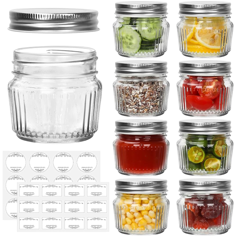 Cehomi Glass Mason Jars (Pack of 8) | 4 oz | Vintage Canning, Pickling, Jelly, Jam, Honey, Pickles, Spice, Essential Preserver, Home Storage, Gifting | with Lids