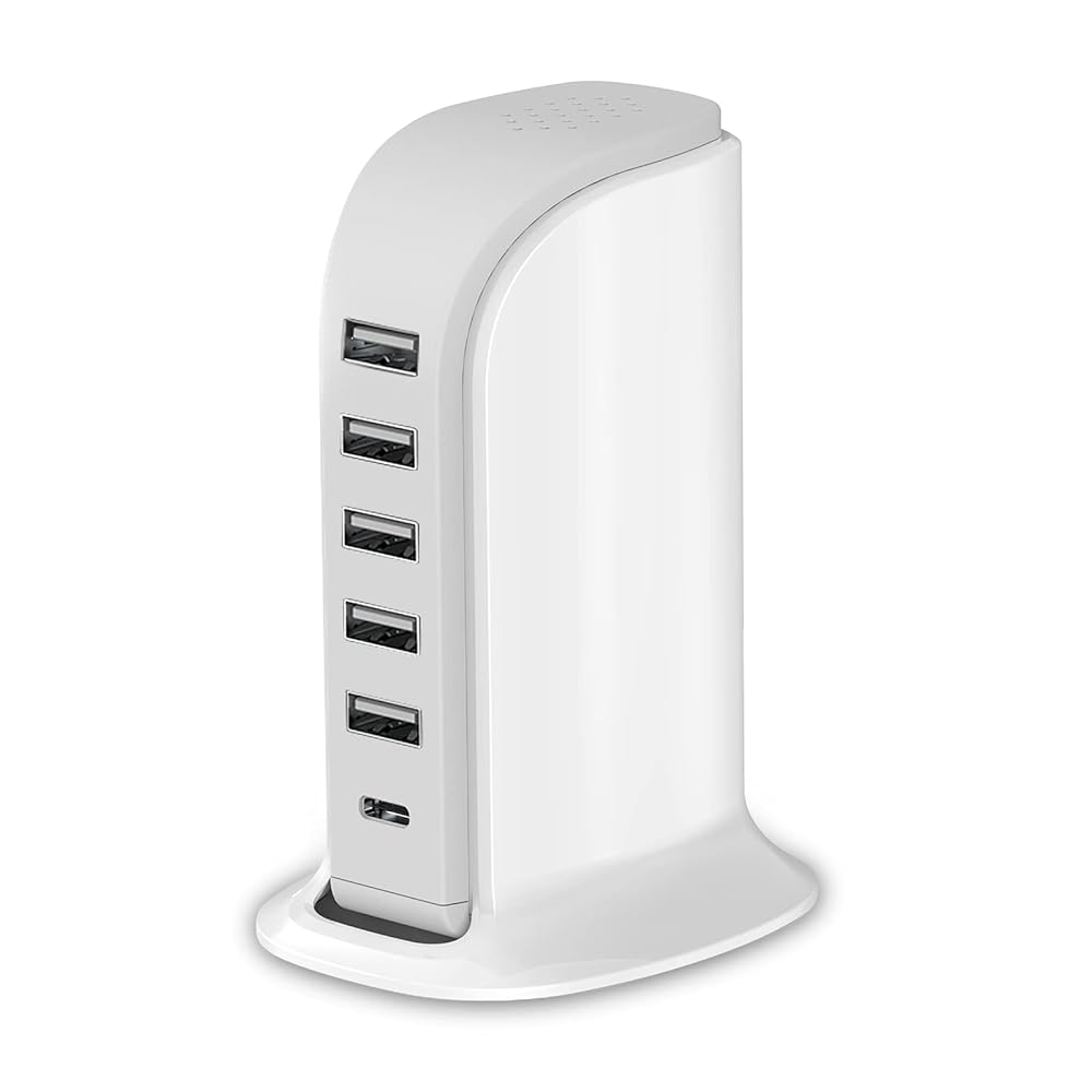 Charging Station for Multiple Devices 40W Upoy, Wall Charger Block 5 USB Ports(Shared 6A), USB Charging Hub Smart IC, Charger Tower with Type-C 3A for iPhone iPad Tablets...