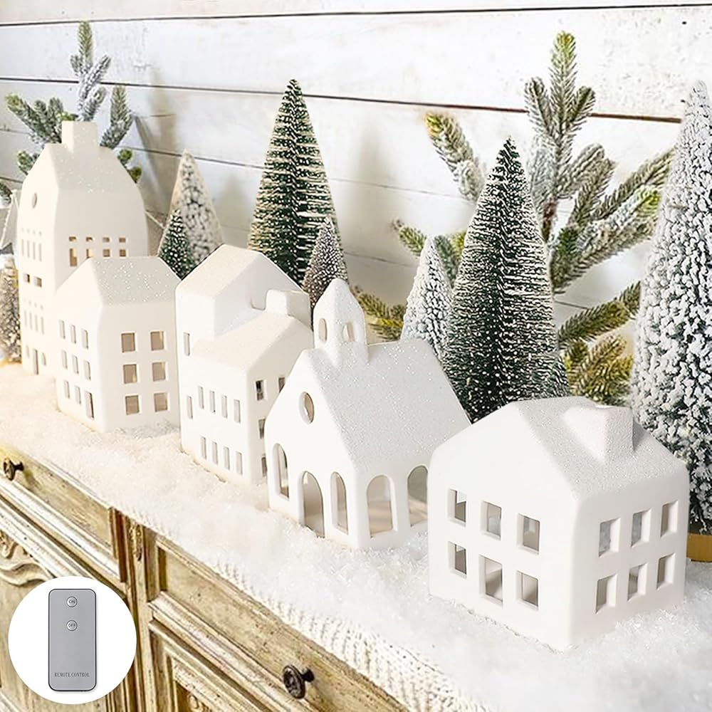 Christmas Decorations - Christmas Decorations Indoor - Christmas Village Sets of 5 Lighted Ceramic Houses with Remote Control & 9 Trees - White Xmas Holiday Farmhouse Rustic...