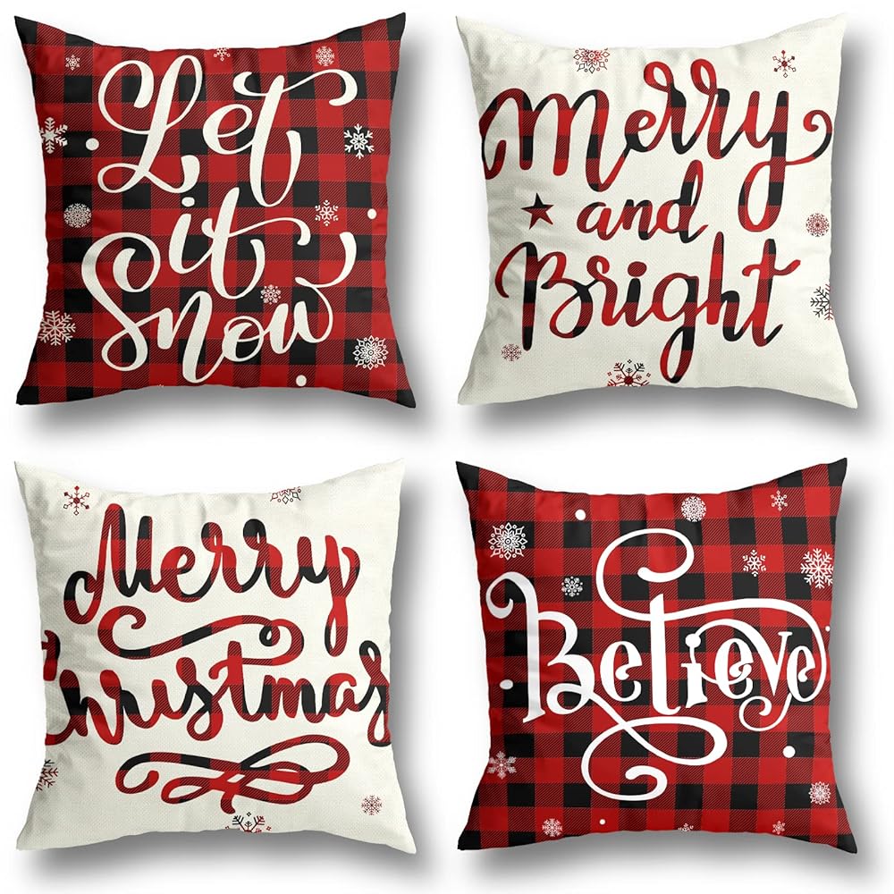 Christmas Decorations Christmas Pillow Covers 18x18 Inches Set of 4 Farmhouse Buffalo Plaid Black and Red Throw Pillow Case Winter Holiday Christmas Decor Home Sofa Couch...