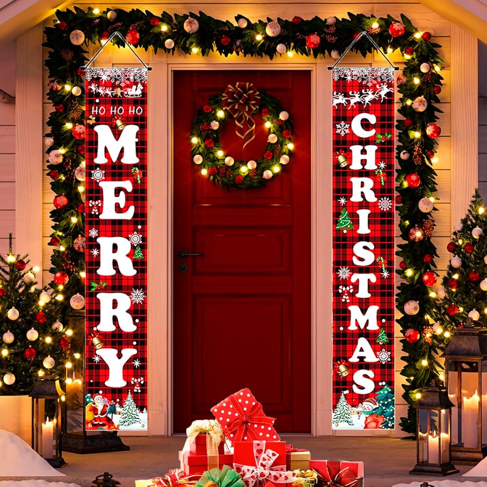 Christmas Decorations Red Black Buffalo Plaid Sign Set for Festival Merry Christmas Door Banner | Outdoor Yard & Front Porch | Indoor & Outdoor Xmas Decor for Home, Wall, Front...