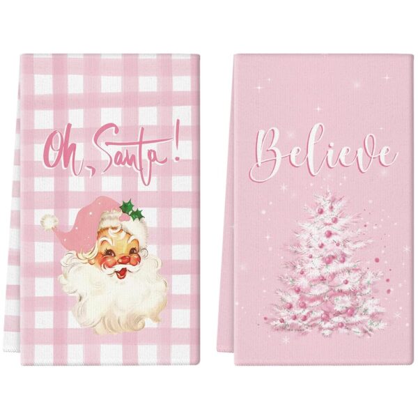 Christmas Kitchen Towels Pink Buffalo Plaid Santa Tree 18x26 Inch Set of 2 Dish Towels Hand Towels Kitchen Bathroom Seasonal Home Decoration