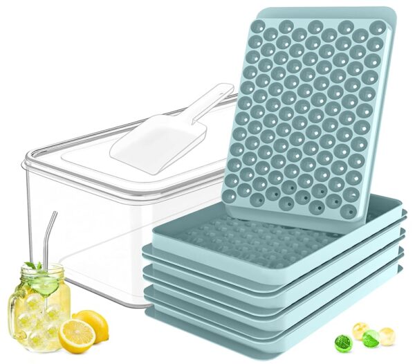 CKE Mini Ice Cube Trays, 104x4PCS Small Ice Cube Tray with Bin, Ice Scoop & Straw, Easy-Release Crushed Round Ice Cube Trays for Freezer, Chilled Drinks, Coffee, Juice (4 Pack)