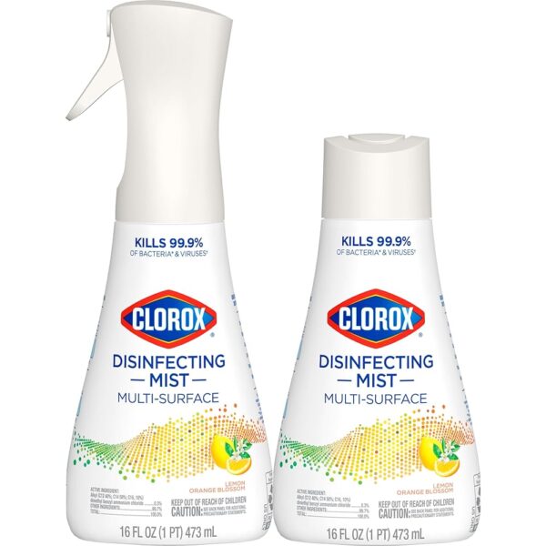 Clorox Disinfecting Mist, Lemon and Orange Blossom, Household Essentials, 1 Spray Bottle and 1 Refill, 16 Fl Oz Each