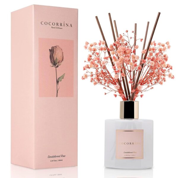 Cocorrína Premium Reed Diffuser Set with Preserved Baby's Breath & Cotton Stick Sandalwood Rose | 6.7oz Scent Fragrance Oil Diffuser for Bedroom Bathroom Home Décor