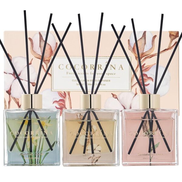 COCORRÍNA Reed Diffuser Set of 3-3 Pack/ 3.04 Fl.oz Diffuser with 24 Sticks Cashmere Vanilla/Sandalwood Rose/Clean Linen Reed Diffuser for Home Bathroom Office Decor