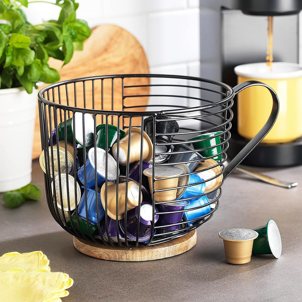 Coffee Pod Holder - Large Capacity Black Wire K Cup Storage with Wooden Base - Modern Coffee Basket Decor for Kitchen Countertop for Keurig Kcups & Espresso Capsules