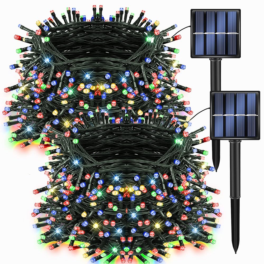 Dazzle Bright 2 Pack Total 400LED 132FT Multi-Colored Christmas Solar String Outdoor Lights, Solar Powered with 8 Modes Waterproof Fairy Lights for Bedroom Patio Garden Tree...