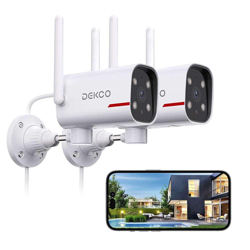 DEKCO 2 Pack Outdoor Security Camera with 2K Color Night Vision, Pan Rotating 180° Wired WiFi Camera Support 24/7 Recording, 2.4&5G WiFi, AI Human Auto Tracking, Work with...