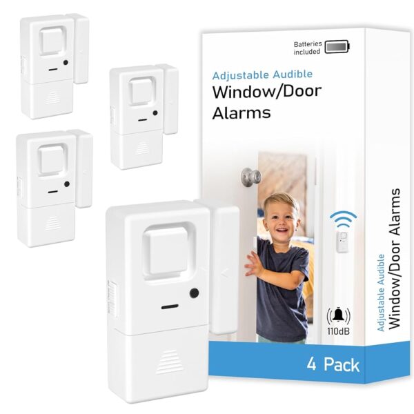 Door Window Alarms - 4 Pack - Adjustable Volume, Chime/Alarm, Wireless, Door Window Alarm Sensor for Home Security, Kids Safety, Door Open Alert Security Alarm for Home,...