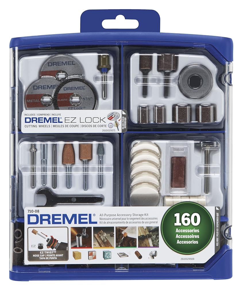 Dremel 160-Piece Rotary Tool Accessory Kit with EZ Lock Technology - 1/8" Shank - Cutting Bits, Polishing Wheel and Compound, Sanding Drums & Disc (710-08)