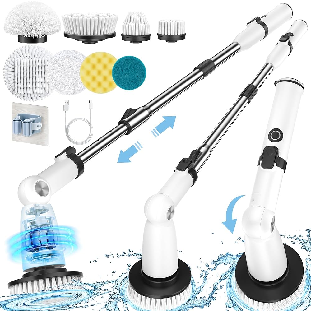 Electric Spin Scrubber, 2024 New Cordless Shower Scrubber with 8 Replaceable Brush Heads, 2.5H Bathroom Scrubber Dual Speed, Shower Cleaner Brush with Extension Arm for Bathtub...