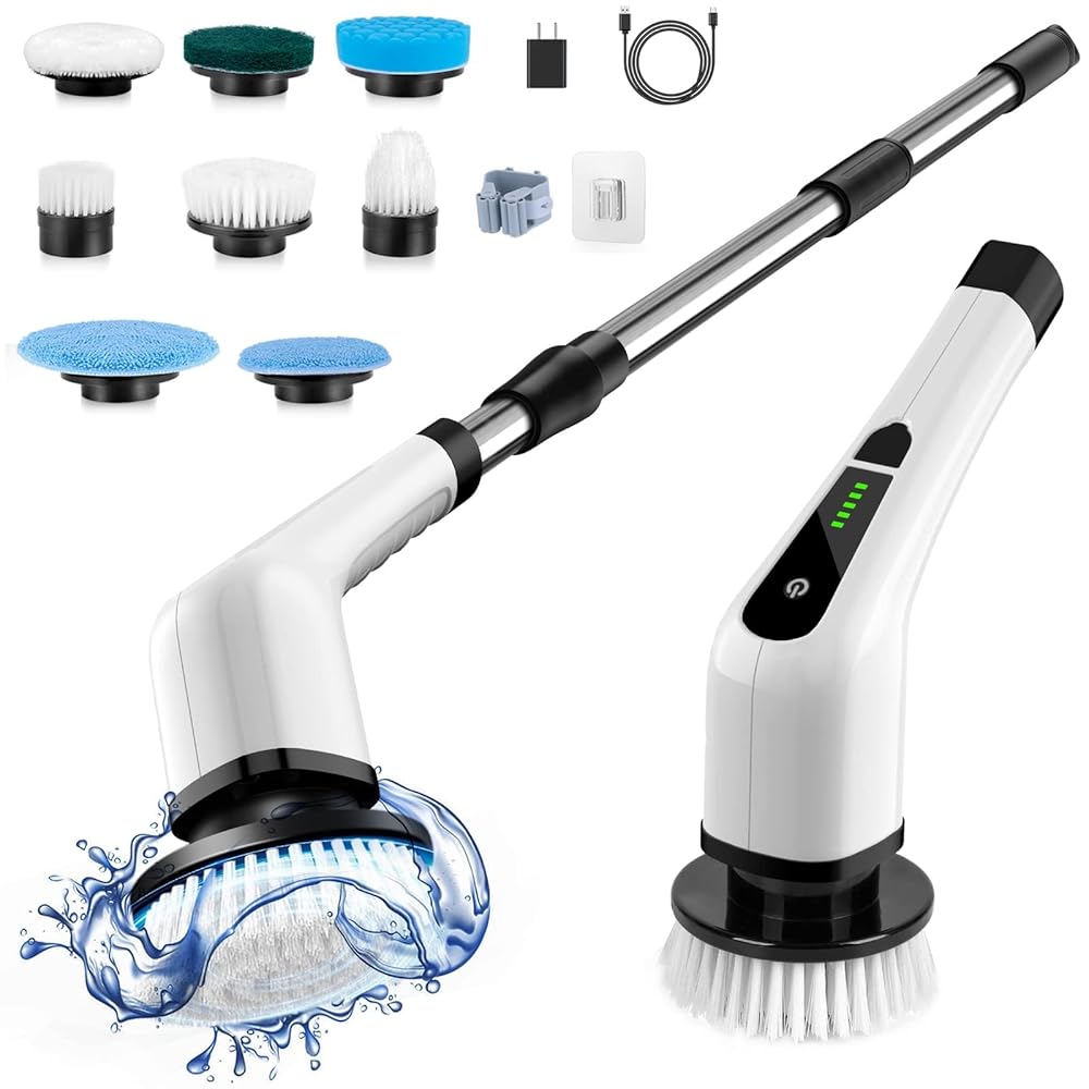 Electric Spin Scrubber, Cordless Cleaning Brush Scrubber for Home, 400RPM/Mins-8 Replaceable Brush Heads-90Mins Work Time, 3 Adjustable Size, 2 Speeds for Bathroom Shower...