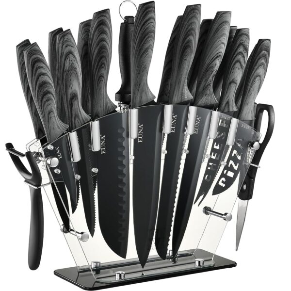 EUNA Knife Block Set, 19 PCS Kitchen Knife Set with Acrylic Block and Sharpener, German High-Carbon Stainless Steel Knife Sets with 6 Serrated Steak Knives, Bread Knife, Chef...