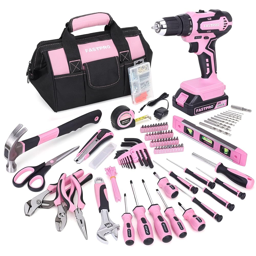 FASTPRO 232-Piece 20V Pink Cordless Lithium-ion Drill Driver and Home Tool Set, Lady's Repairing Kit with 12-Inch Wide Mouth Open Storage Bag