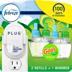 Febreze Plug In Air Fresheners For Home, Air Freshener Plug In, Gain Scent, Odor Fighter for Strong Odors, 1 Warmer + 2 Oil Refills