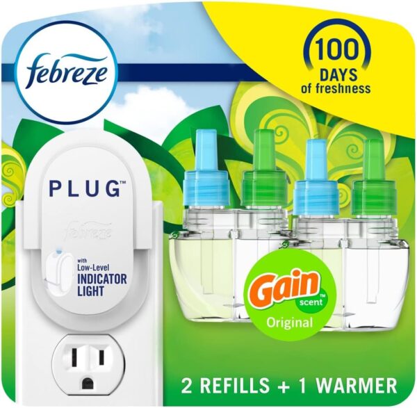 Febreze Plug In Air Fresheners For Home, Air Freshener Plug In, Gain Scent, Odor Fighter for Strong Odors, 1 Warmer + 2 Oil Refills