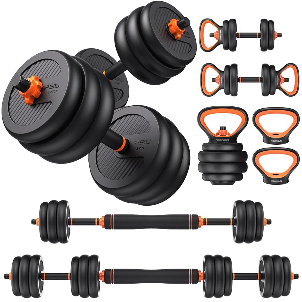 FEIERDUN Adjustable Dumbbells, 20/30/40/50/60/70/90lbs Free Weight Set with Connector, 4 in1 Dumbbells Set Used as Barbell, Kettlebells, Push up Stand, Fitness Exercises for...