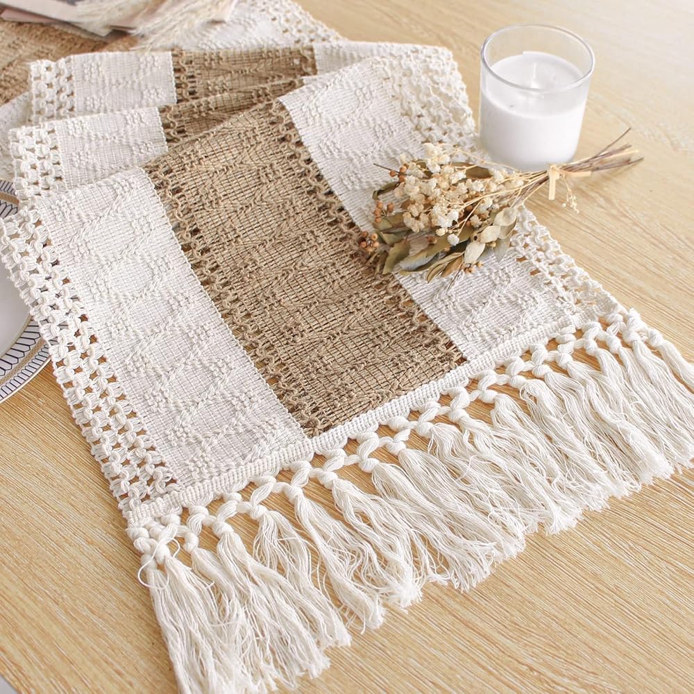 FEXIA Boho Table Runner for Home Decor with Tassels 72 Inches Long Farmhouse Rustic Table Runner Cream & Brown Macrame Burlap Fall Table Decoration for Living Room Bridal Shower...