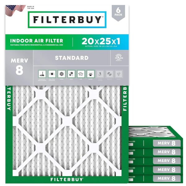 Filterbuy 20x25x1 Air Filter MERV 8 Dust Defense (6-Pack), Pleated HVAC AC Furnace Air Filters Replacement (Actual Size: 19.50 x 24.50 x 0.75 Inches)