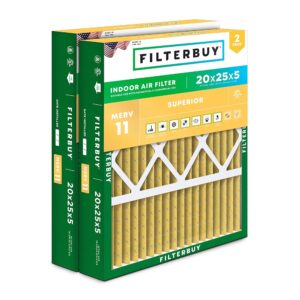 Filterbuy 20x25x5 Air Filter MERV 11 Allergen Defense (2-Pack), Pleated HVAC AC Furnace Air Filters for Honeywell FC100A1037, Lennox X6673, Carrier, and More (Actual Size: 19.88...