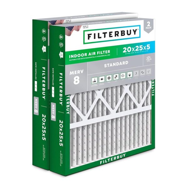 Filterbuy 20x25x5 Air Filter MERV 8 Dust Defense (2-Pack), Pleated HVAC AC Furnace Air Filters for Honeywell FC100A1037, Lennox X6673, Carrier, and More (Actual Size: 19.88 x...