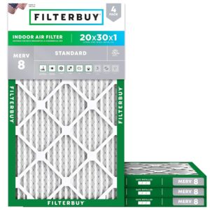 Filterbuy 20x30x1 Air Filter MERV 8 Dust Defense (4-Pack), Pleated HVAC AC Furnace Air Filters Replacement (Actual Size: 19.63 x 29.63 x 0.75 Inches)