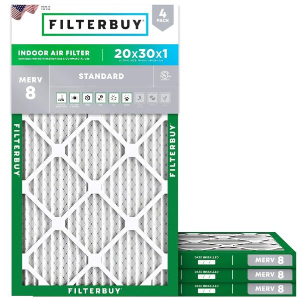 Filterbuy 20x30x1 Air Filter MERV 8 Dust Defense (4-Pack), Pleated HVAC AC Furnace Air Filters Replacement (Actual Size: 19.63 x 29.63 x 0.75 Inches)