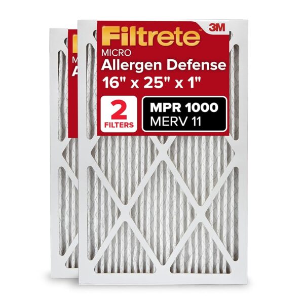 Filtrete 16x25x1 AC Furnace Air Filter, MERV 11, MPR 1000, Micro Allergen Defense, 3-Month Pleated 1-Inch Electrostatic Air Cleaning Filter, 2 Pack (Actual Size 15.719 x 24.72 x...