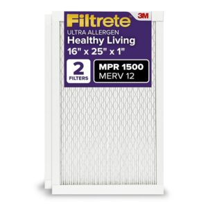 Filtrete 16x25x1 AC Furnace Air Filter, MERV 12, MPR 1500, CERTIFIED asthma & allergy friendly, 3 Month Pleated 1-Inch Electrostatic Air Cleaning Filter, 2-Pack (Actual Size...