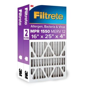 Filtrete 16x25x4 AC Furnace Air Filter, MPR 1550, MERV 12, Fits Lennox & Honeywell, Allergen, Bacteria & Virus, , Electrostatic Air Cleaning Filter, 2-Pack (actual size 15.88 x...