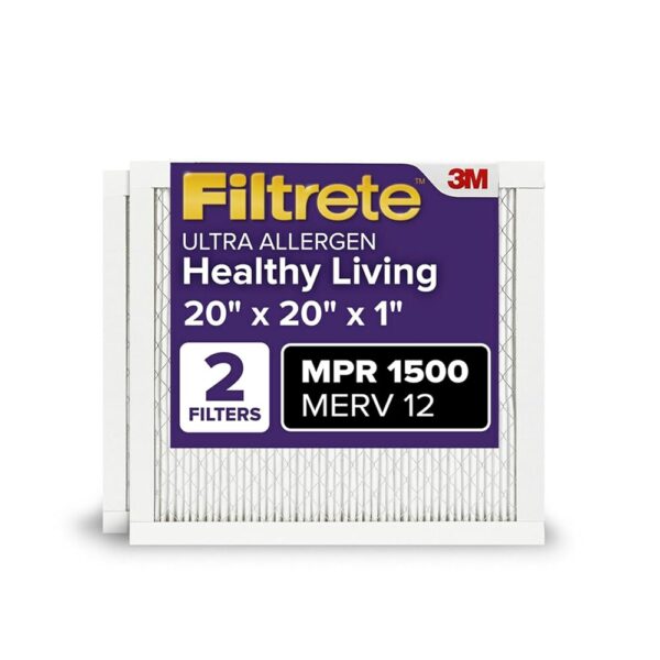 Filtrete 20x20x1 AC Furnace Air Filter, MERV 12, MPR 1500, CERTIFIED asthma & allergy friendly, 3 Month Pleated 1-Inch Electrostatic Air Cleaning Filter, Pack of 2 (Actual Size...