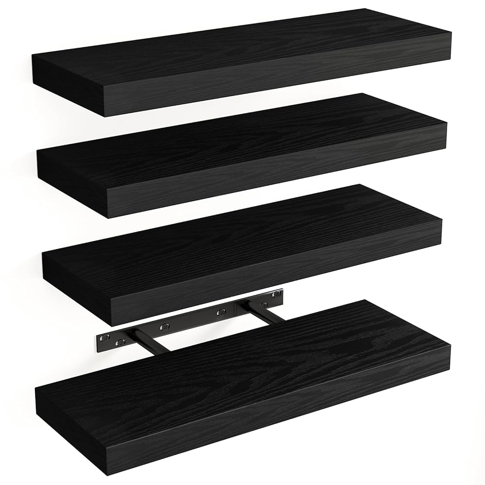 Fixwal Floating Shelves for Wall, Rustic Wood Finish Wall Shelves with Invisible Brackets, Black Floating Wall Decor Shelves for Bathroom, Living Room, Bedroom and Kitchen, Set...