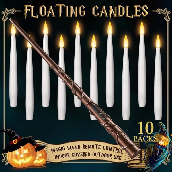 Floating Candles with Wand 10PCs - Halloween Decorations Magic Hanging Candles Flickering Warm Light LED Flameless Candles with Remote, Christmas Lights for Window Home Bedroom...