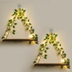 Floating Shelves,Plant Wall Decor,Wall Shelf,No Drill Shelves,Decorative Leaves and Light Strip,Set of 2 Plant Shelf Wall,Christmas Day for Decorating Room(Green Leaf)