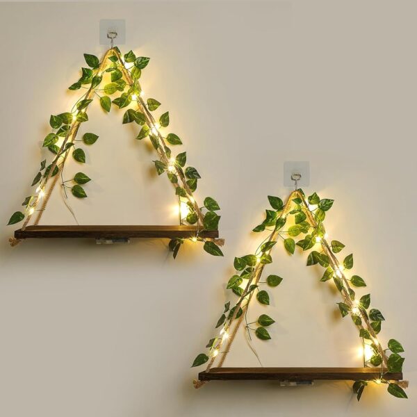 Floating Shelves,Plant Wall Decor,Wall Shelf,No Drill Shelves,Decorative Leaves and Light Strip,Set of 2 Plant Shelf Wall,Christmas Day for Decorating Room(Green Leaf)