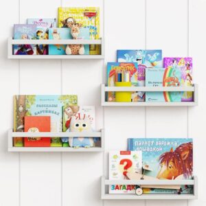 Forbena Floating Nursery Book Shelves for Wall Set of 4, White Wall Bookshelf for Kids Room, Small Wood Book Shelf Wall Mounted for Baby Teen Boys Girls Bedoom Bathroom Toy and...