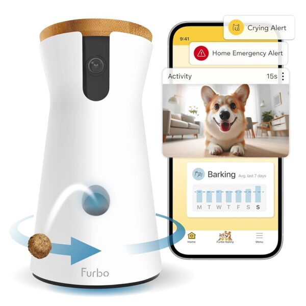 Furbo 360° Dog Camera + Nanny Bundle: Home Security & Dog Safety Alerts, Rotating Pet Treat Dispenser Camera with Speaker, Smart Home Indoor Cam w Phone App (Additional...