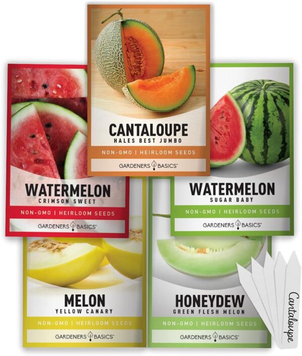 Gardeners Basics, Melon Fruit Seeds for Planting Home Garden 5 Variety Packs - Hales Best Cantaloupe, Crimson Sweet Watermelon, Yellow Canary Melon, Green Flesh Honeydew Melon,...