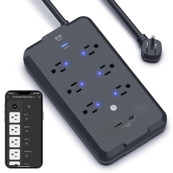 Geeni Smart Plug Power Strip, 6 Outlets and 2 USB Ports, 6 ft. Cord, Surge Protector with Voice Control, WiFi Control, Compatible with Alexa & Google Home, No Hub Required, Black