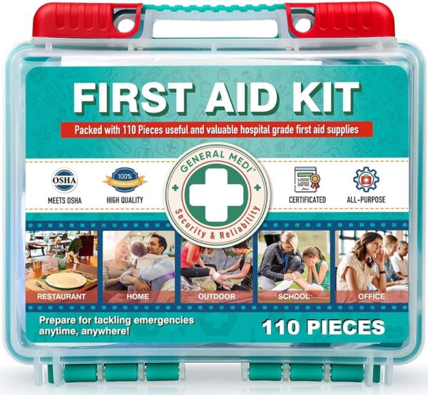 General Medi 110 Pieces Small First Aid Kit - HardCase First Aid Box - Contains Premium Medical Supplies for Travel, Home, Office, Vehicle, Camping, Workplace & Outdoor