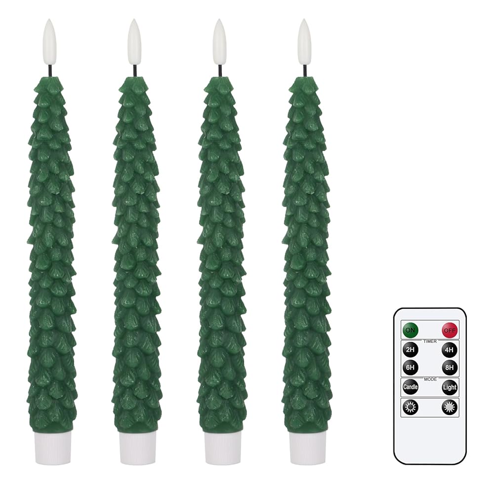 GenSwin Christmas Tree Flameless Taper Candles Flickering with Remote Timer, Real Wax LED Battery Operated Candles Warm 3D Wick Christmas Home Wedding Decor(Green, 0.78 X 9.64...