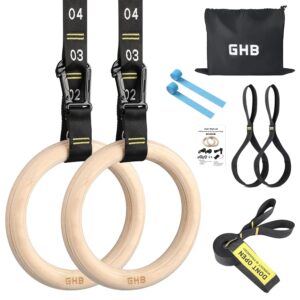 GHB Gymnastic Rings Wooden Gym Rings 1.25'' Training RingsAdjustable Numbered Straps Pull Up Rings Sets for Workout Bodyweight Fitness Training