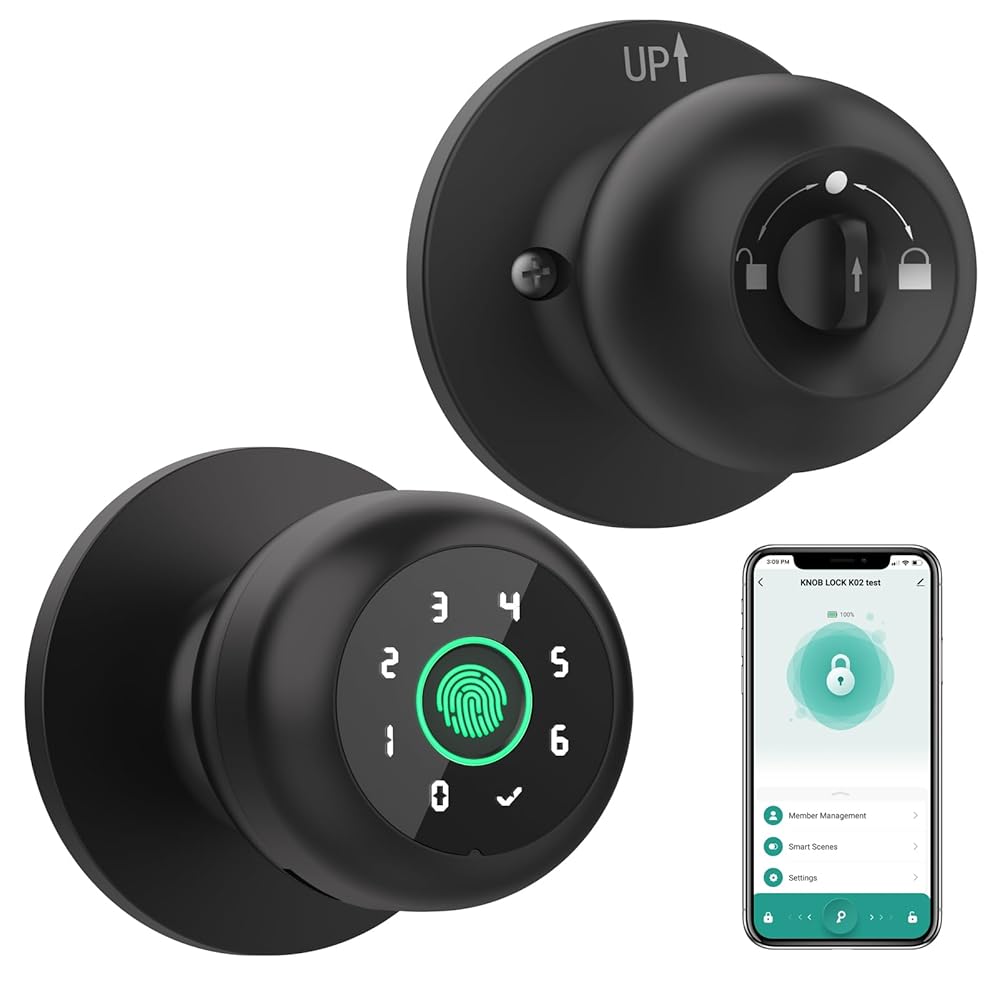 GHome Smart 4 in 1 Smart Fingerprint Door Knob with Keypad Smart Door Lock, Biometric Door Knobs & App Control, Keyless Door Lock for Room, Garage, Office, Apartment (Black)